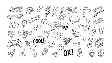 Diverse Doodle Collection: A dynamic assortment of hand-drawn doodles, capturing an array of playful elements and symbolic icons, perfect for conveying messages of creativity and youthfulness.