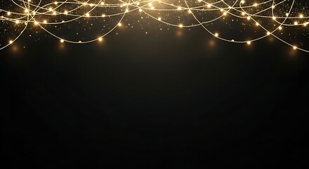 String of glowing warm yellow fairy lights hanging against a dark black background with subtle sparkle effect for festive decoration