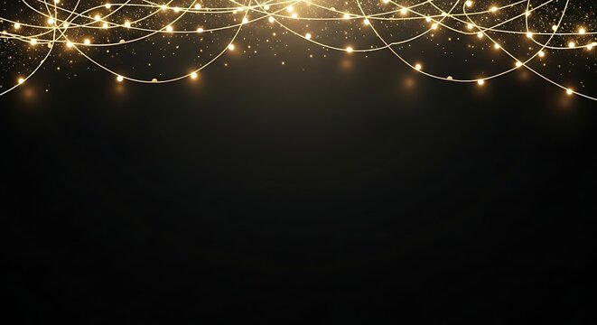 String of glowing warm yellow fairy lights hanging against a dark black background with subtle sparkle effect for festive decoration