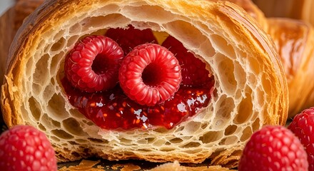 Indulge in a flaky croissant filled with sweet raspberry jam and fresh berries, perfect for a delicious breakfast or pastry shop promotion, mouthwatering treat