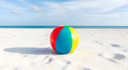 Obraz premium Colorful Beach Ball on White Sand Beach Under Blue Sky