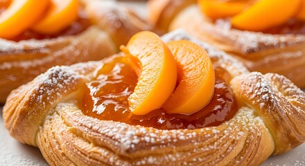 Indulge in a Fresh Apricot Pastry Delight with Sweet Jam and a Sprinkle of Powdered Sugar, Perfect for a Delicious Breakfast or Brunch Treat