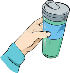 Hand holding travel cup with lid illustration vector
