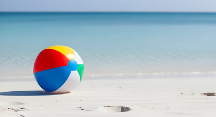 Obraz premium Colorful Beach Ball on White Sand Beach with Calm Blue Ocean and Clear Sky