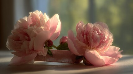 Two delicate, light pink peonies rest on a pale surface, bathed in soft sunlight.  A ribbon of pale pink ties them together