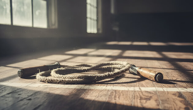 Jump rope illuminated by sunlight on a wooden floor, perfect for fitness blogs or wellness articles.