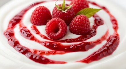 Fresh raspberries drizzled with sweet sauce atop creamy yogurt, a healthy and delicious treat to brighten your day and add some vibrant color to your life