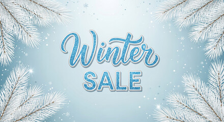 Icy blue design with snowy branches framing Winter Sale text, representing seasonal discounts, holiday promotions and festive shopping opportunities