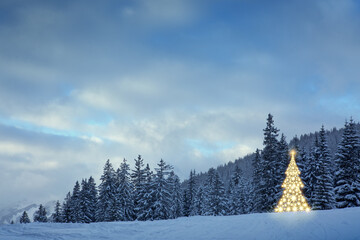Christmas tree in the winter forest at night .