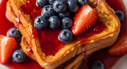 Delicious French toast with vibrant strawberry, sweet blueberries, and luscious berry syrup for a perfect indulgent breakfast or brunch treat