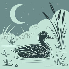 Duck Swimming in a Pond with Reeds and Moon at Night water