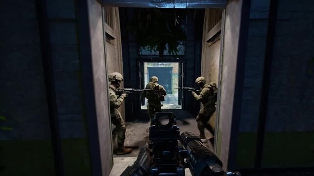Squad of soldiers advances through dense jungle foliage in a first person shooter game