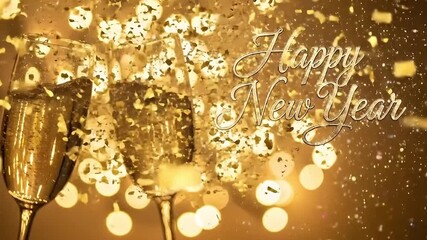 A luxurious and festive scene featuring two elegant champagne flutes filled with sparkling golden liquid, set against a shimmering background of blurred bokeh lights and falling glitter. The effervesc