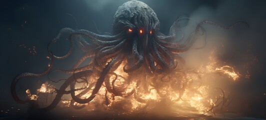 a light Kraken Dryad Monster coming out of the smoke,generative AI