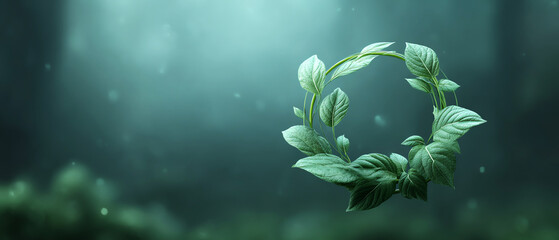Serene magical wreath of green leaf in circle floats underwater. Hopeful light rays shine through deep nature fantasy background