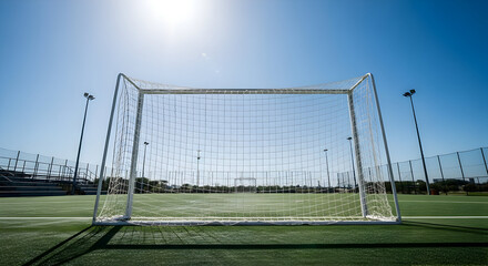 Empty Soccer Goal on Bright Sunny Day in Outdoor Football Field