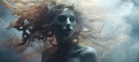 a light Kraken Dryad Monster coming out of the smoke,generative AI