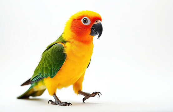 Small sun conure parrot walks sideways on white background. Its bright yellow orange and green feathers are vibrant. This exotic pet bird has a black beak and black eyes.