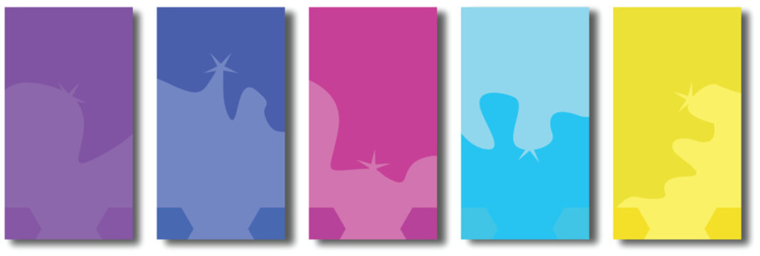 A set of five modern abstract posters featuring vibrant gradient shapes in purple, red, and orange hues. Each design incorporates minimalist typography and geometric elements - Powered by Adobe