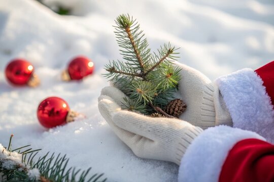Person in Santa costume holding small Christmas tree in snow with ornaments nearby