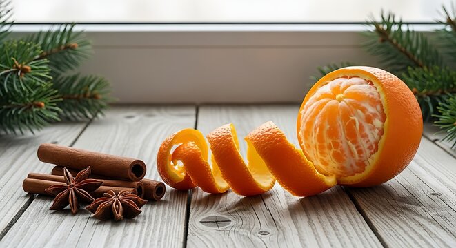 Fresh mandarin orange with cinnamon sticks and star anise on a wooden table