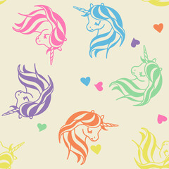 Charming pastel unicorn faces with flowing manes and hearts scattered on a light background