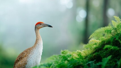 Natural Portrait of a Standing Bird Amidst Moss and Ferns in the Forest
