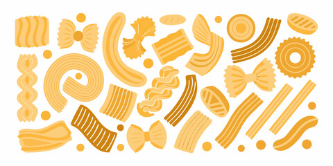 Variety of pasta shapes flat vector illustration on white background