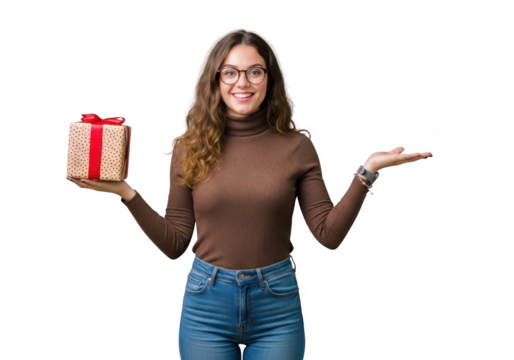 Young woman holding a gift box with a red ribbon, isolated on transparent background