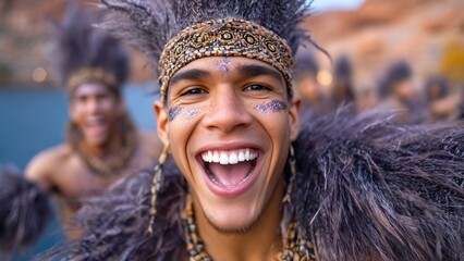 Proud Young Man in Tribal Costume of Feathers and Bead