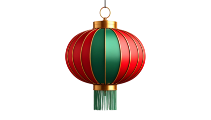 A vibrant, ornate, red and green Chinese lantern, suspended against a clean white background.