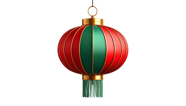 A vibrant, ornate, red and green Chinese lantern, suspended against a clean white background.