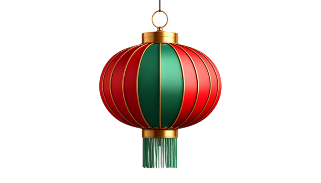 A vibrant, ornate, red and green Chinese lantern, suspended against a clean white background. - Powered by Adobe