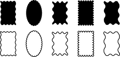 Abstract black fun scallop border frames with crayon texture. Squiggly rectangles and oval.