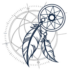 Fototapeta premium Dreamcatcher with Feathers and Compass Rose Outline illustration