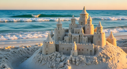 Sandcastle on Beach Near Ocean During Sunset with Calm Waves and Soft Light