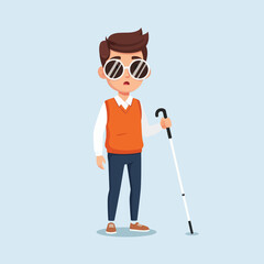A blind man with sunglasses holding a white cane, illustrated in a flat modern style. Perfect for disability awareness, accessibility concepts, and inclusive design themes.