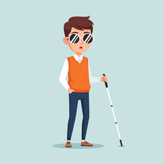 A blind man with sunglasses holding a white cane, illustrated in a flat modern style. Perfect for disability awareness, accessibility concepts, and inclusive design themes.