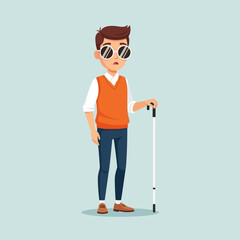 A blind man with sunglasses holding a white cane, illustrated in a flat modern style. Perfect for disability awareness, accessibility concepts, and inclusive design themes.