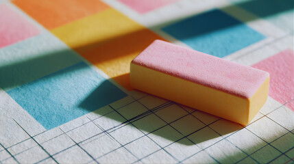 Close up of a pink and yellow rectangular eraser resting on a colorful grid paper with strong directional light and shadow
