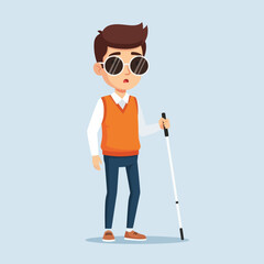 A blind man with sunglasses holding a white cane, illustrated in a flat modern style. Perfect for disability awareness, accessibility concepts, and inclusive design themes.
