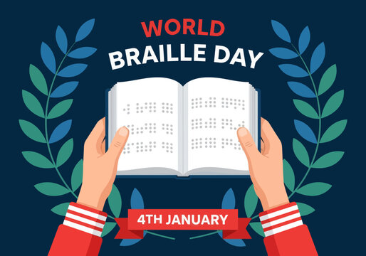 Illustration celebrating World Braille Day with hands holding an open Braille book, highlighting accessibility, inclusion, and support for the visually impaired on January 4th.