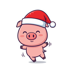 Cute cartoon pig wearing a Santa hat, happily dancing with a joyful expression. Perfect for Christmas designs, holiday cards, festive decorations, and winter-themed illustrations.