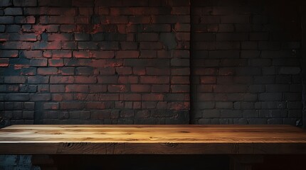 Wooden Tabletop with Blurred Dark Brick Wall product display Background