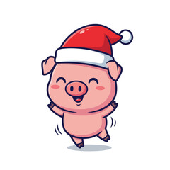 Cute cartoon pig wearing a Santa hat, happily dancing with a joyful expression. Perfect for Christmas designs, holiday cards, festive decorations, and winter-themed illustrations.