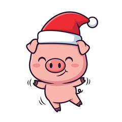 Cute cartoon pig wearing a Santa hat, happily dancing with a joyful expression. Perfect for Christmas designs, holiday cards, festive decorations, and winter-themed illustrations.