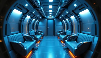 Obraz premium Futuristic blue corridor with sleek seats inside modern transport. High tech interior design features bright glowing lights, smooth surfaces. Empty cabin shows innovation for advanced travel in