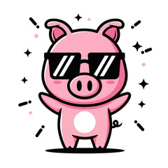 Cute cartoon pig wearing stylish sunglasses, drawn in a fun kawaii style. Perfect for stickers, children’s designs, merchandise, and playful character illustrations.