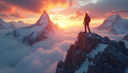 Lone hiker surveys majestic snow-capped peaks bathed in golden sunset light. Figure stands atop rugged mountain summit amidst swirling clouds, embodying achievement, serenity. Dramatic panorama