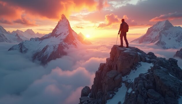 Lone hiker surveys majestic snow-capped peaks bathed in golden sunset light. Figure stands atop rugged mountain summit amidst swirling clouds, embodying achievement, serenity. Dramatic panorama